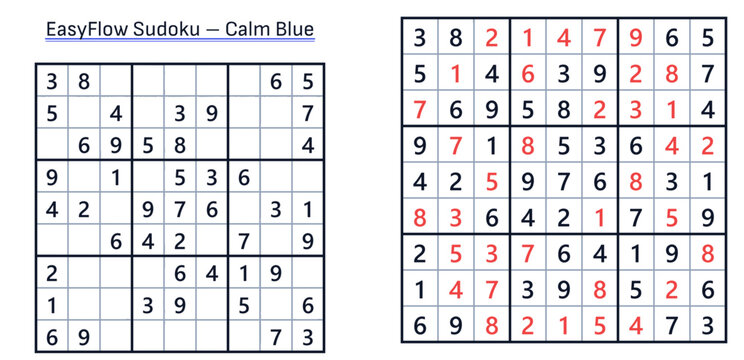EasyFlow Sudoku with solution on transparent background, beginner printable number game