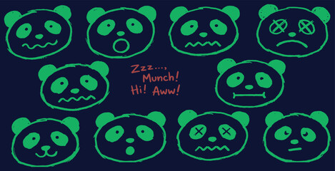 Collection of cute cartoon panda faces expressing various emotions and sounds on a dark blue background. © Riki