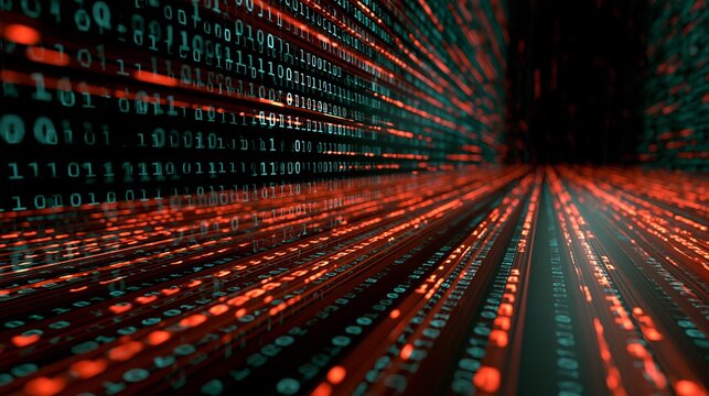 A futuristic digital tunnel of red and green binary code streaming into the distance