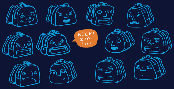 Collection of cartoon backpacks with different facial expressions, conveying a range of emotions and feelings.