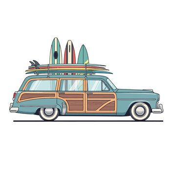 Classic Woody Wagon with Surfboards on the Roof - Illustration
