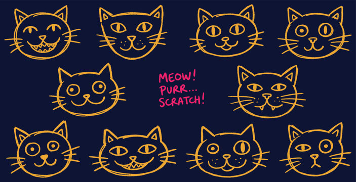 Collection of cute hand-drawn cat faces with different expressions on a dark blue background.
