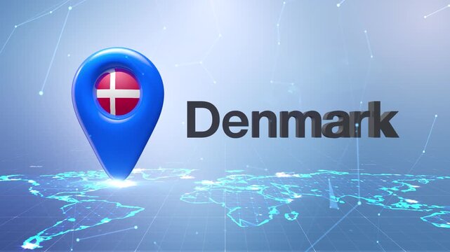 Denmark Flag Inside Location Pin On Digital World Map Animation