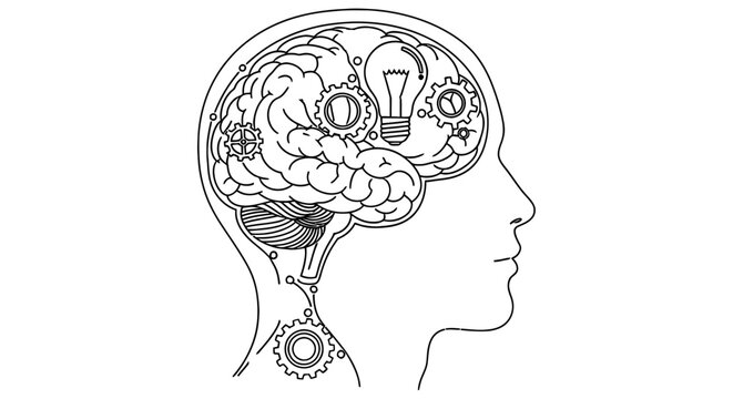 Intricate mechanical illustration of a human head and brain