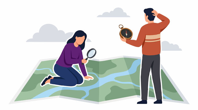 People navigating with map and compass, seeking direction and solution