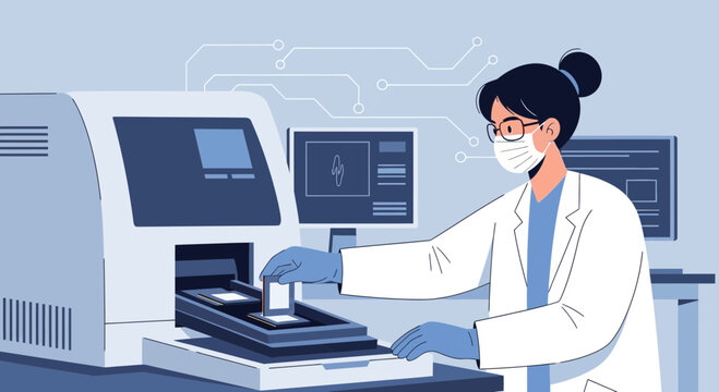 Scientist in lab coat working with advanced genetic sequencing machine, modern laboratory research