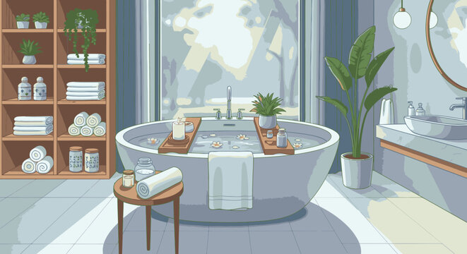 Luxury spa bathroom illustration with bathtub and garden view
