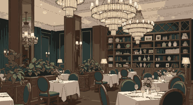Luxury restaurant interior with elegant table settings and chandeliers