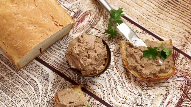 Homemade liver pate sandwiches on rustic wooden background