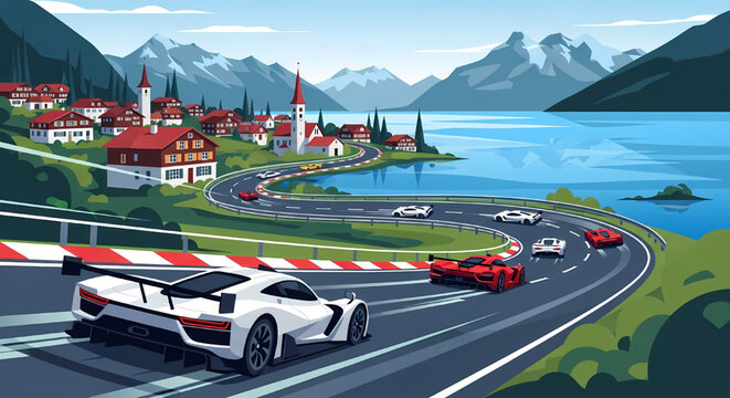 Vector illustration of sports cars racing on a winding mountain road near a lakeside village