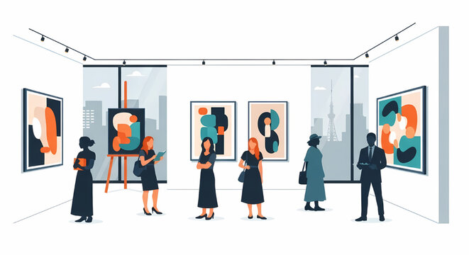 People visiting an art gallery to view modern paintings