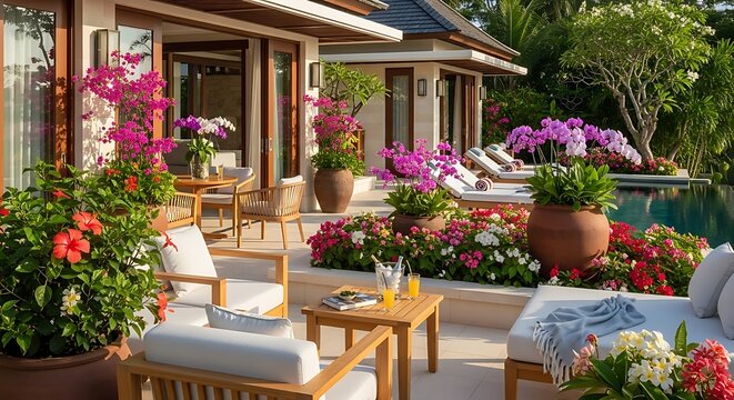 Luxurious outdoor patio with vibrant flowers, comfortable furniture, and a sparkling swimming pool at a tropical resort.