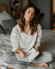 Obraz premium A Woman Writing in a Journal A thoughtful young woman sits cross-legged on a comfortable bed, holding a pen and a notebook, engrossed in writing.