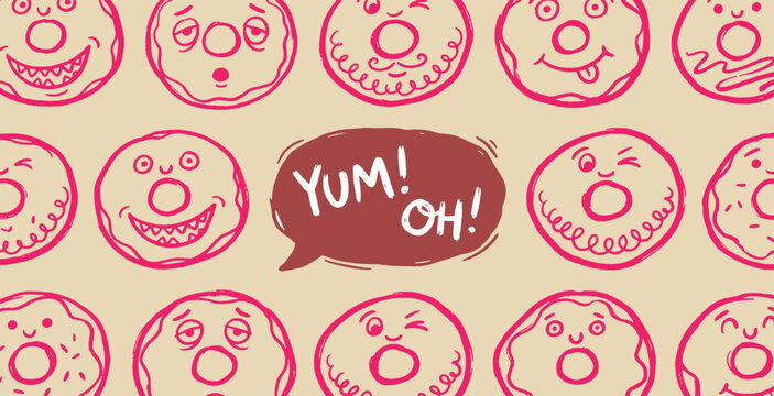 A delightful pattern of hand-drawn donuts with various funny facial expressions and a speech bubble saying Yum! Oh!.