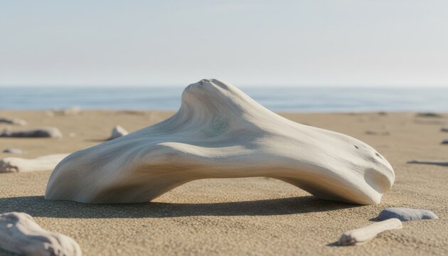 Smooth, bleached driftwood with natural textures resting on a sandy beach with the ocean in the background