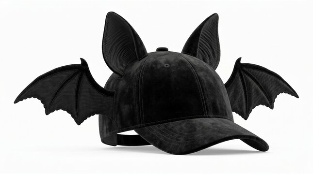 Black baseball cap with bat ears and wings isolated on white background