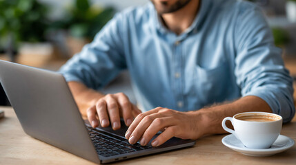 Fototapeta premium Focused Workflow A man diligently works on his laptop, a steaming cup of coffee within reach, embodying productivity and modern work life.