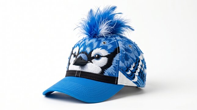 Blue jay bird themed baseball cap isolated on white background