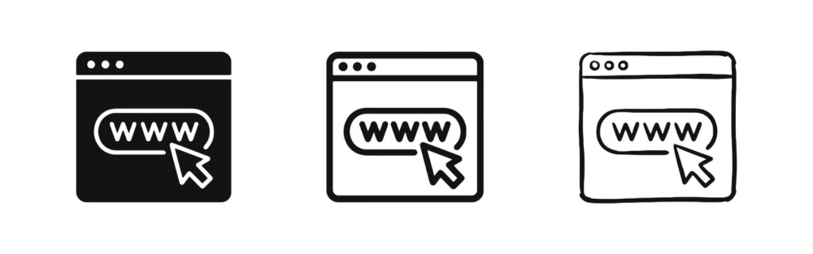 Browser Window Icon with WWW Address and Mouse Cursor, Web Navigation Vector Set