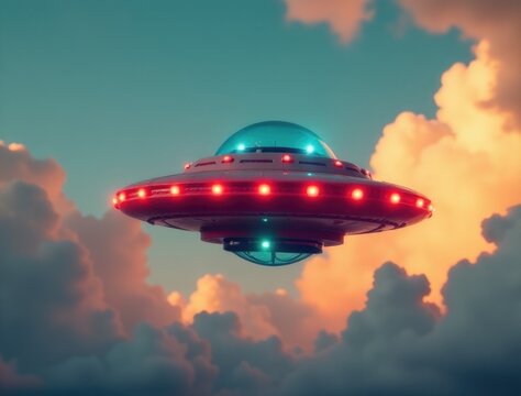 A futuristic alien spaceship flying through a cloudy sky with no signs of life on the planet below