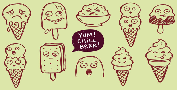Collection of hand-drawn ice cream characters with various emotions and expressions, including a speech bubble.