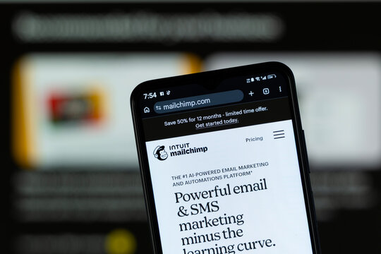 Dhaka, Bangladesh - April 29, 2026: Close-up of Intuit mailchimp's homepage on a smartphone.
