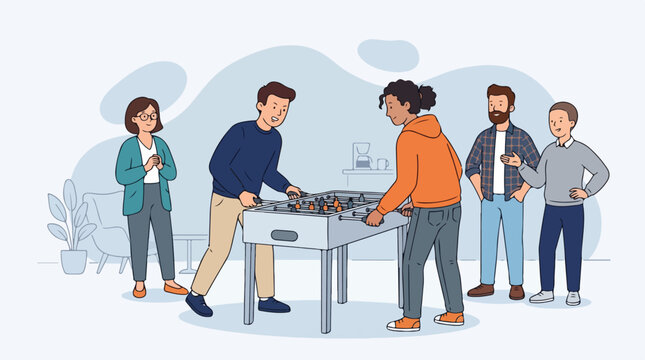 Illustration of a diverse group of adults playing foosball in an office setting with a casual and friendly mood.