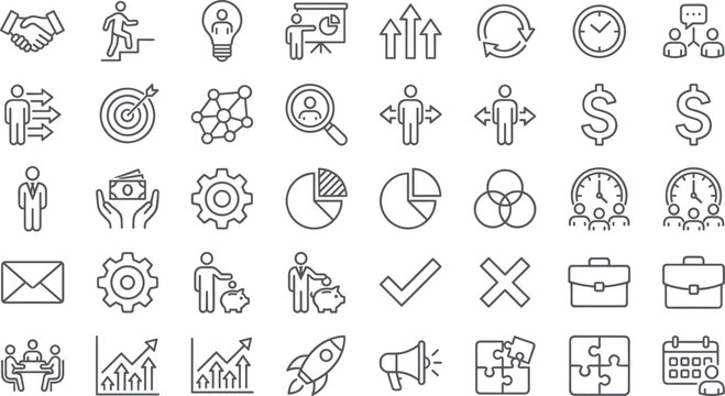 Business Management and Finance Line Icon Set Featuring Corporate Strategy, Financial Growth, and Workflow Development Symbols for Office Presentations and AppsBusiness Management and Finance Line Ico