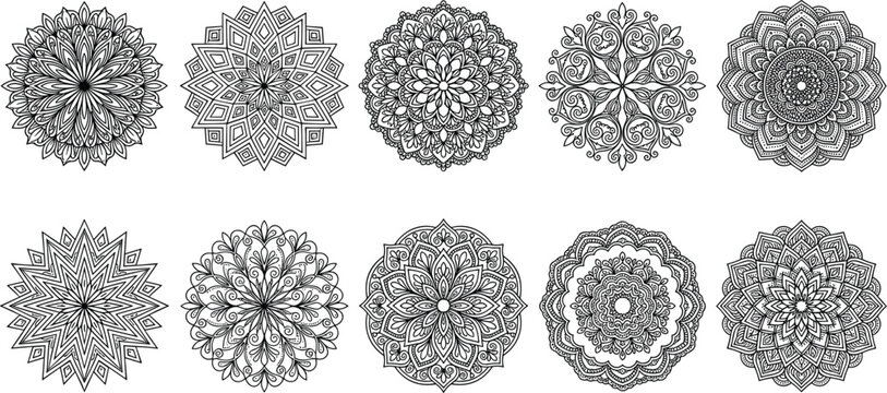 Ornate Round Mandala Circle Patterns Vector Set with Traditional Indian Henna Ornament Motifs for Adult Coloring Pages and Spiritual Yoga Media Designs