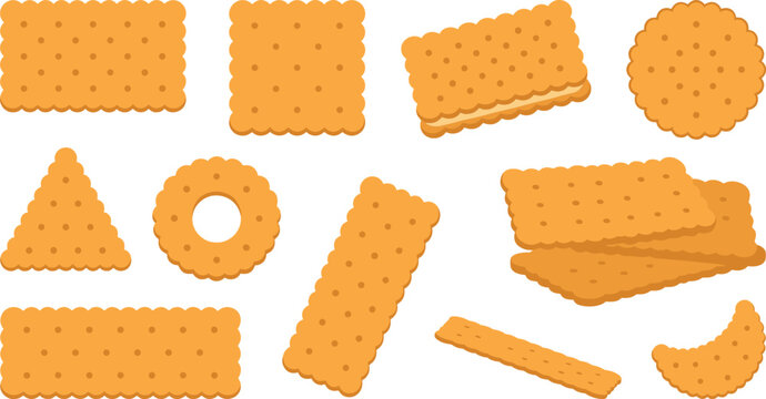 Crispy Cracker and Biscuit Vector Set Featuring Various Shapes Like Square Round Rectangle Triangle Sandwich and Crescent Elements for Food Packaging DesignsCrispy Cracker and Biscuit Vector Set Featu