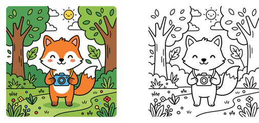 Fototapeta premium Cute Cartoon Fox Holding Camera in Forest Coloring Book Page and Colored Version, Kids Wildlife Activity Vector Illustration