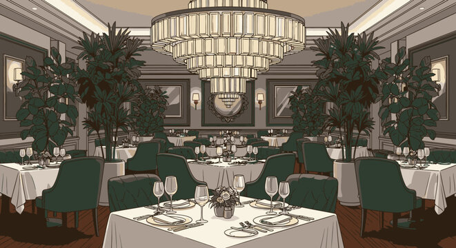 Sophisticated luxury restaurant interior with large chandelier and plants