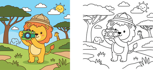 Cute safari lion photographer coloring page and colored illustration set with camera, trees, giraffe, and elephant in African savanna landscape cartoon vector (173 characters) © MMONIR