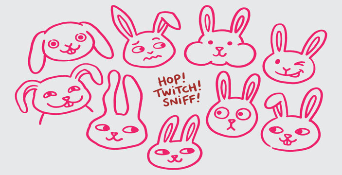 A collection of cute, hand-drawn bunny faces with various expressions and a small text snippet saying 'Hop! Twitch! Sniff!'.