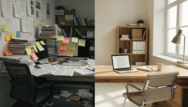 Messy desk organized desk office contrast productivity concept work stress time management paper clutter clean workspace computer window light