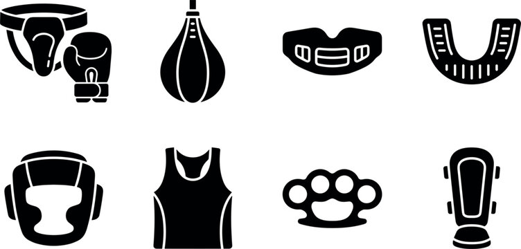 Boxing and Martial Arts Protection Equipment Icon Set Featuring Groin Guard, Headgear, Mouthguard, Speed Bag, Brass Knuckles, and Shin Guards Vector GraphicsBoxing and Martial Arts Protection Equipmen