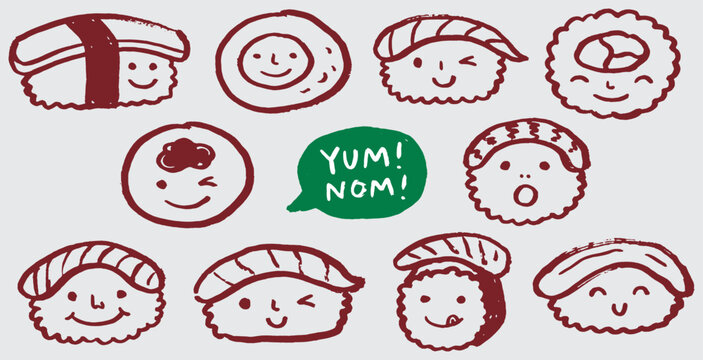 Cute Doodle Sushi Characters with "Yum Nom!" Speech Bubble.