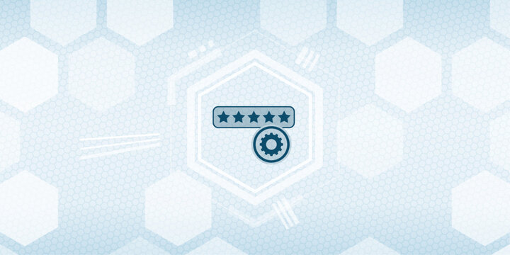 Abstract digital concept of five star rating system with gear icon on blue honeycomb pattern background. Business performance measurement and service quality optimization.