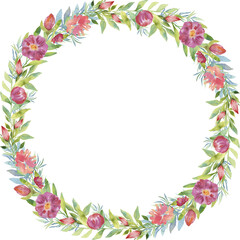 Fototapeta premium Hand-drawn floral wreath illustration with pink and green watercolor flowers and leaves