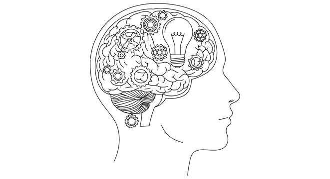 A human head in profile containing intricate clockwork and a lightbulb