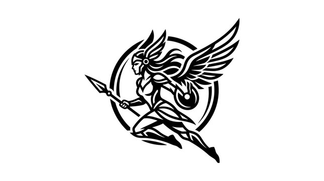 Mythical winged warrior emblem with spear and shield design.