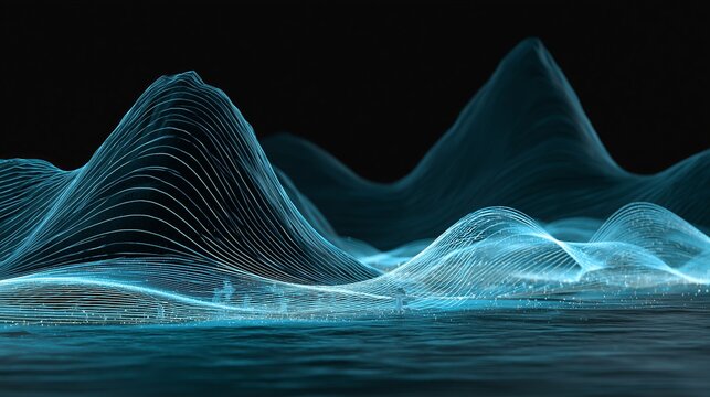 A futuristic digital landscape with glowing blue waves and mountains against a dark background