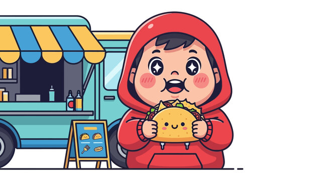 Cute Cartoon Character Holding Smiley Bread Near Food Truck.