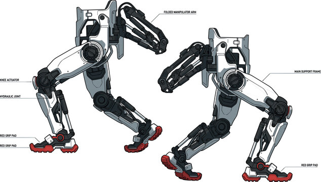 Futuristic Bipedal Mecha Robot Legs Concept Design with Hydraulic Joints and Mechanical Components for Sci-Fi Gaming and Technical Engineering LayoutsFuturistic Bipedal Mecha Robot Legs Concept Design