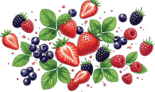 Fresh Mixed Berries Composition with Flying Strawberries Blueberries Raspberries Blackberries and Green Leaves for Organic Juice and Smoothie Product Packaging DesignsFresh Mixed Berries Composition w