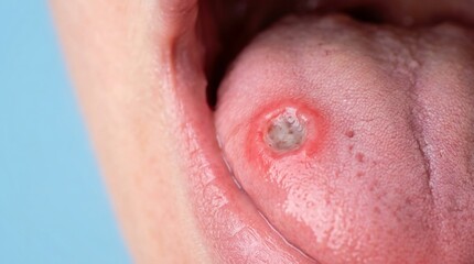Fototapeta premium Close-up of an oral lesion on a human tongue showing red inflammation and a white center