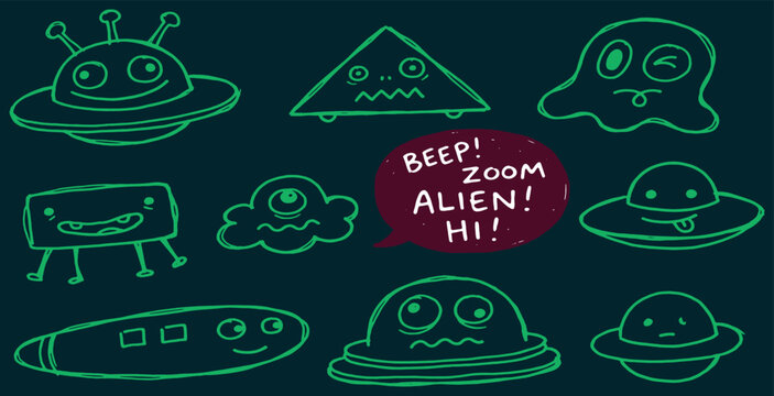 Collection of cute, hand-drawn cartoon aliens and UFOs with speech bubble.