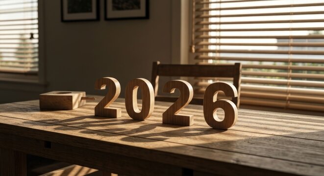 Wooden 2026 on table, sunlit blinds backdrop