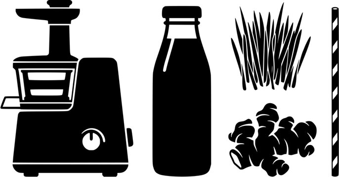 Set of silhouettes including a masticating juicer, a bottle of juice, wheatgrass, ginger root, and a drinking straw