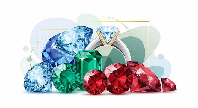 Set of colorful sparkling gemstones and a diamond ring